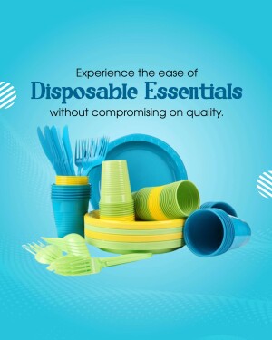 Assortment of disposable plates, cups, forks, and spoons in blue, yellow, and green.