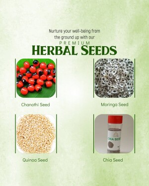 A collage showcasing various herbal seeds like Chanothi, Moringa, Quinoa, and Chia seeds.