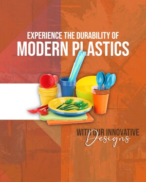 Colorful plastic cups, plates, and utensils arranged with text promoting durability and innovative designs.