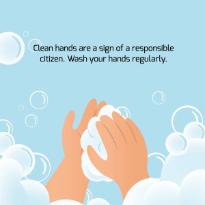 Illustration of hands washing with soap and bubbles, promoting hygiene.