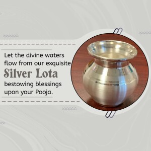 Silver Lota on a wooden surface with decorative text