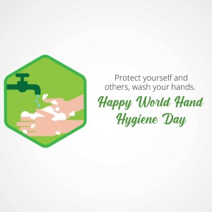 Illustration of hands washing under a faucet with the text 'Protect yourself and others, wash your hands. Happy World Hand Hygiene Day'.