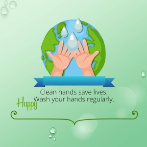 Hands cupping a globe with water droplets, promoting handwashing for health and sustainability.