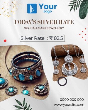 Silver jewellery with current silver rate information.