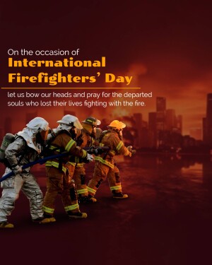 Image commemorating International Firefighters' Day with firefighters silhouetted against a city skyline.