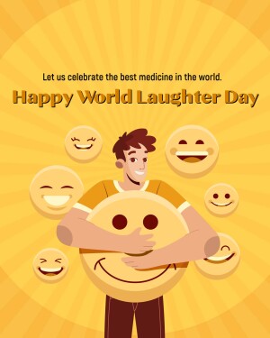 Illustration of a man hugging a large smiling face with smaller smiling faces around him, celebrating World Laughter Day.