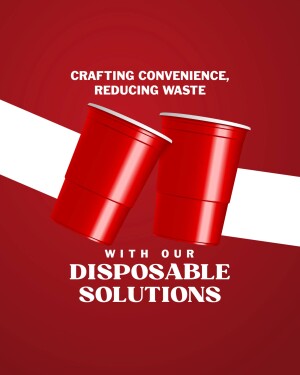 Two red disposable cups on a red and white background with text promoting disposable solutions.