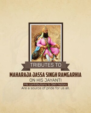 Portrait of Maharaja Jassa Singh Ramgarhia with text commemorating his Jayanti