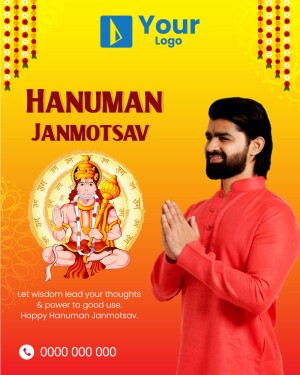 Hanuman Janmotsav poster with a devotee and Lord Hanuman image