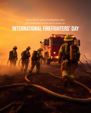 Firefighters walking towards a fire truck during sunset, honoring International Firefighters' Day.