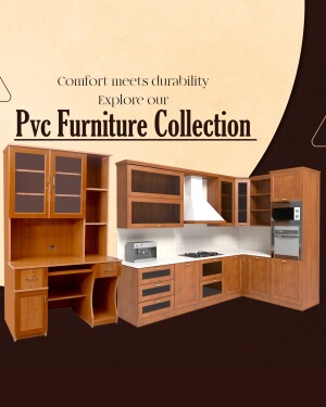 Image of a modern kitchen featuring a PVC furniture collection with cabinets, a desk, and kitchen appliances.