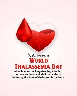 World Thalassemia Day graphic with a heart and blood drop containing a world map.