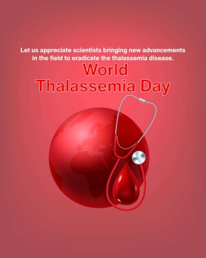 World Thalassemia Day graphic with a globe, stethoscope, and blood drop.