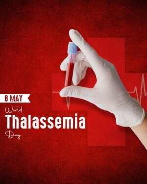A gloved hand holding a test tube filled with blood, promoting World Thalassemia Day.