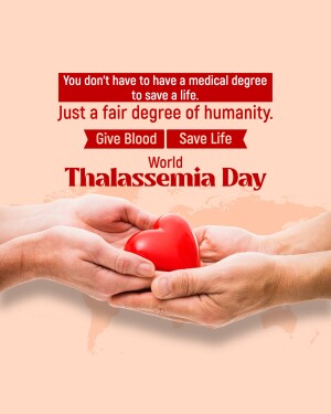 Hands holding a red heart with text promoting blood donation for Thalassemia awareness.