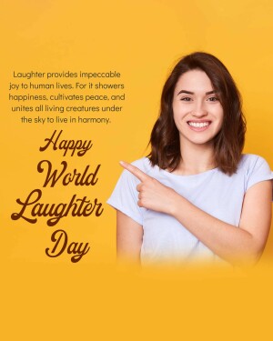 Woman pointing at 'Happy World Laughter Day' text on a yellow background