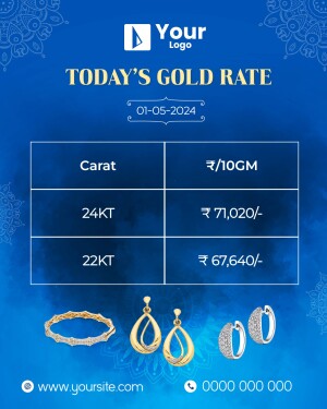 Gold rate chart for 24KT and 22KT gold on 01-05-2024 with jewelry images.