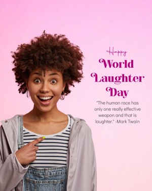 A smiling young woman pointing to the side with text celebrating World Laughter Day.