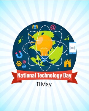 Illustration depicting a globe with technology icons and a lightbulb, celebrating National Technology Day.