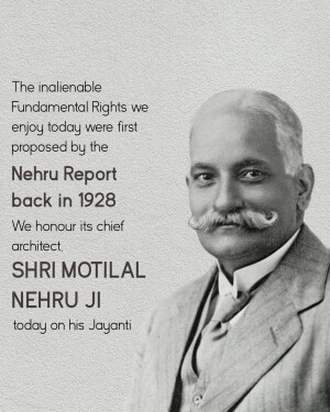 Black and white portrait of Motilal Nehru with text about the Nehru Report and his birth anniversary.