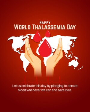 World Thalassemia Day poster with hands cradling a world map and blood drops