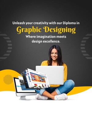 Woman using laptop with graphic design projects displayed, promoting a Graphic Design Diploma.