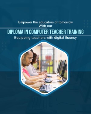 Image promoting a diploma program for computer teacher training, showing teachers using computers in a classroom.