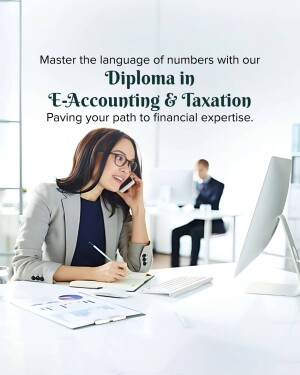 Woman working on a computer with a phone call, promoting an E-Accounting & Taxation Diploma.