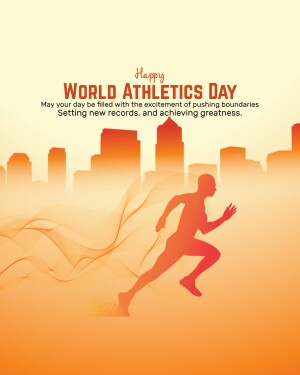 Silhouette of a runner against a city skyline with a warm orange gradient background, celebrating World Athletics Day.