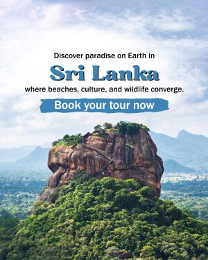 Scenic view of Sigiriya Rock Fortress in Sri Lanka with text promoting tourism.