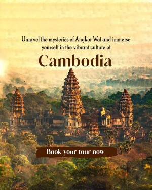 Angkor Wat temple complex in Cambodia with text promoting tourism.