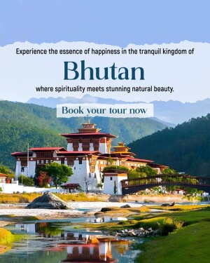 Scenic view of a Bhutanese monastery with mountains and river