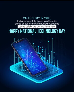 Image commemorating India's National Technology Day, featuring a smartphone and digital network.