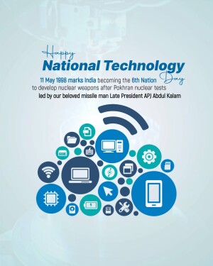 National Technology Day graphic with technology icons and text commemorating India's nuclear tests.