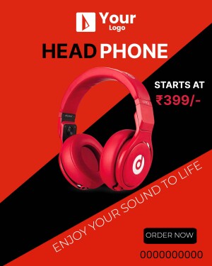Red over-ear headphones on a black and red background with price and promotional text.