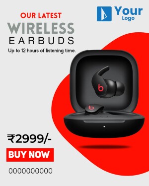 Black wireless earbuds in a charging case with price and buy now button