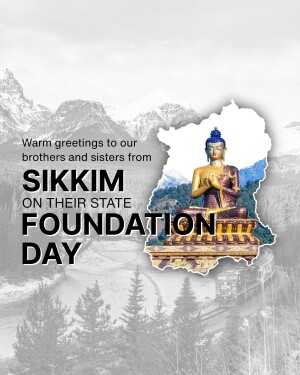 Image celebrating Sikkim State Foundation Day with a Buddha statue and mountain backdrop.