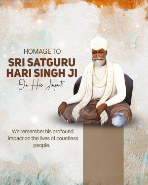 Portrait of Sri Satguru Hari Singh Ji with text commemorating his Jayanti