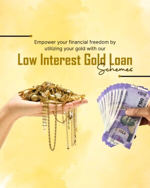 Hands exchanging gold jewelry for Indian currency notes, promoting low interest gold loan schemes.