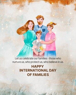 Watercolor painting of a family embracing each other with text celebrating International Day of Families.