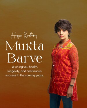 Birthday greeting for Mukta Barve featuring her portrait.