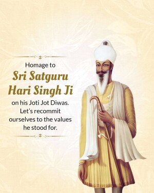 Portrait of Sri Satguru Hari Singh Ji with text commemorating his Jot Jot Diwas.