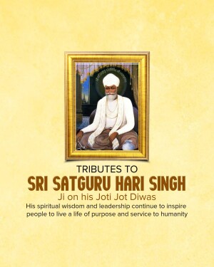 Portrait of Sri Satguru Hari Singh Ji with tribute text