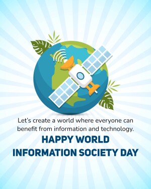 Illustration of a satellite orbiting the Earth with text celebrating World Information Society Day.