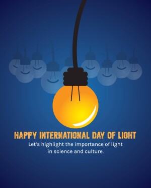 Illustration of light bulbs hanging from cords with a bright bulb in focus, celebrating International Day of Light.