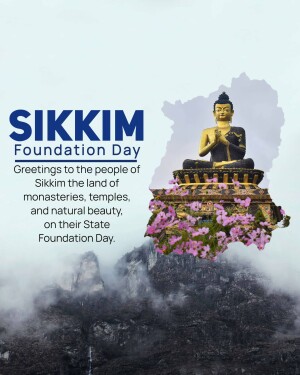 Image commemorating Sikkim Foundation Day with a Buddha statue and mountainous landscape.