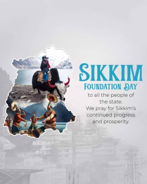 Sikkim Foundation Day celebration poster with cultural elements and a map of Sikkim.