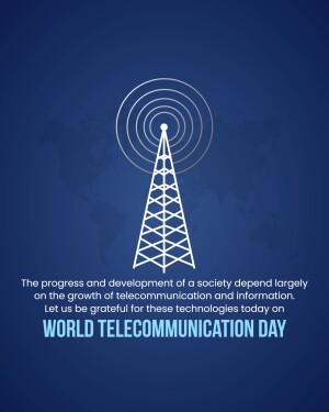 Illustration of a telecommunication tower with a world map background and text celebrating World Telecommunication Day.