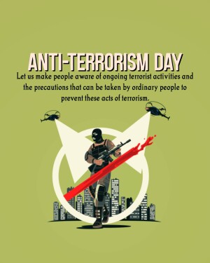Poster promoting Anti-Terrorism Day with an illustration of a soldier and helicopters.