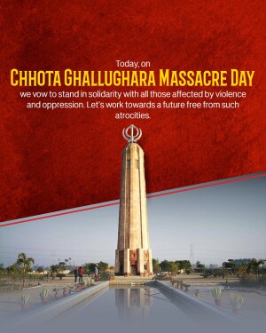 Memorial tower at the site of the Chhota Ghallughara Massacre, with text commemorating the day.
